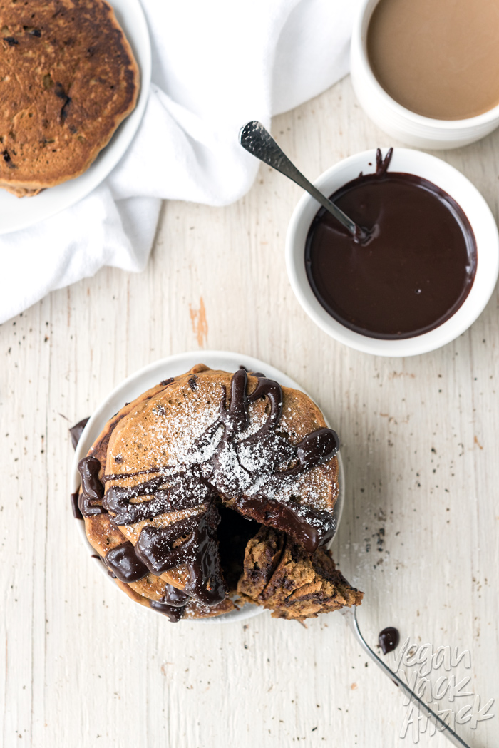Fluffy Mocha Pancakes with Easy Chocolate Sauce! Perfect for a decadent brunch, plus it has some added protein. #vegan #soyfree