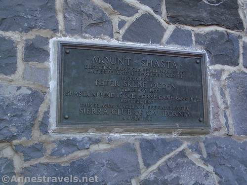 Plaque on the side of the cabin at the Horse Camp below Mt. Shasta, Shasta-Trinity National Forest, California