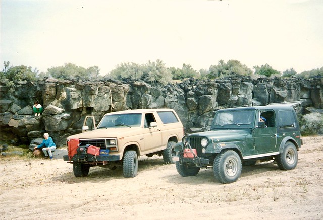 Dad's old Bronco and my old Jeep on the Mojave Road in 1995