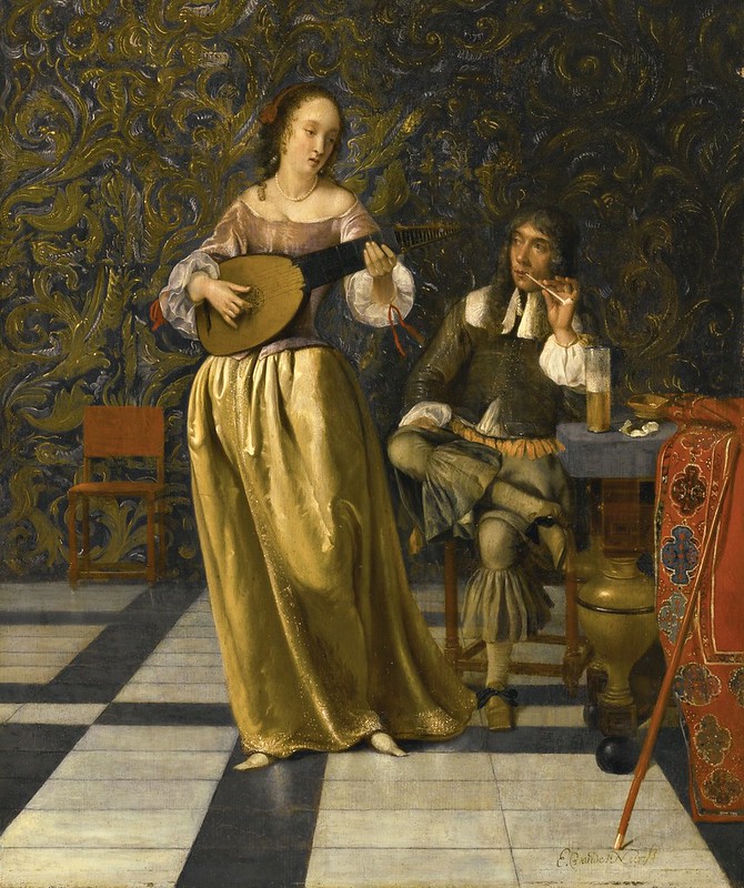 Eglon Hendrik van der Neer - A Lady Playing a Lute with a Gentleman Seated at a Table in an Interior