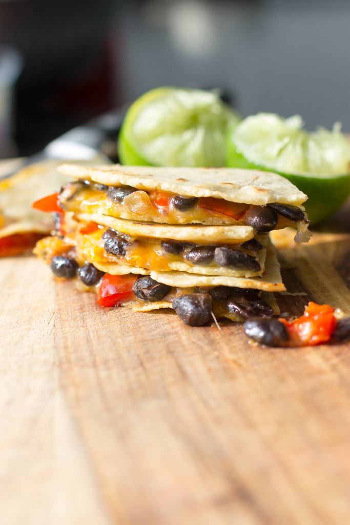 Spicy black bean quesadillas with roasted red peppers.