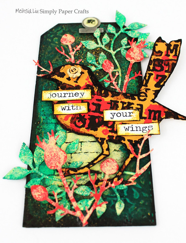 Meihsia Liu Simply Paper Crafts mixed media tag Simon Says Stamp Tim Holtz Paper Artsy Bird Outdoor Leaves 1