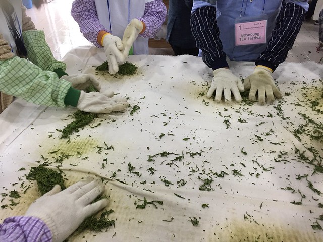 Rolling the green tea leaves
