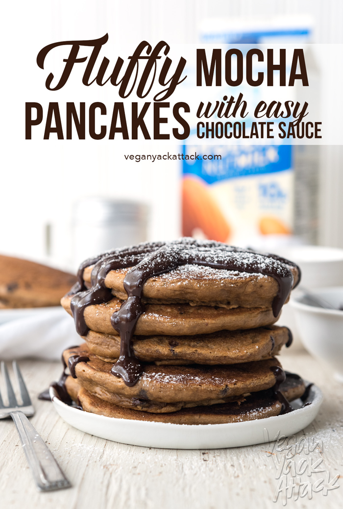 Fluffy Mocha Pancakes with Easy Chocolate Sauce! Perfect for a decadent brunch, plus it has some added protein. #vegan #soyfree