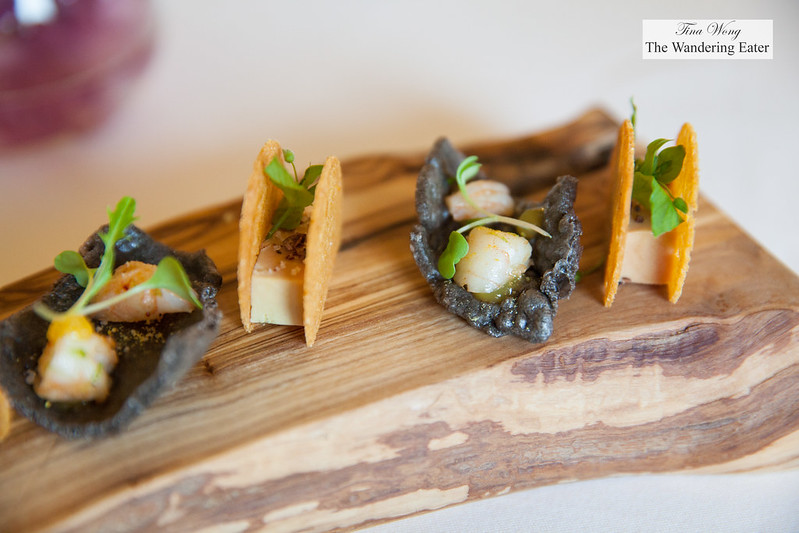 Amuse bouches - squid ink puffed rice chip, shrimp and basil aioli and Cornbread wafers with foie gras