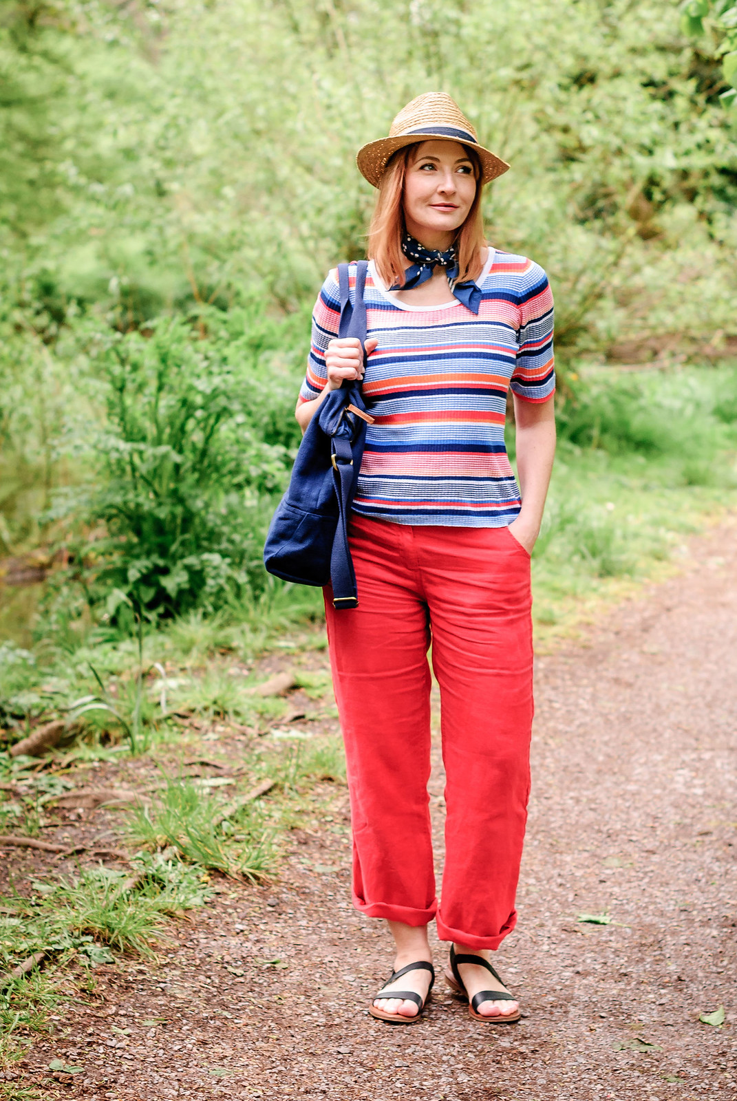 Preppy summer style from Seasalt Cornwall multicoloured stripe t-shirt wide leg red trousers navy knotted neck scarf straw fedora hat | Not Dressed As Lamb, over 40 style