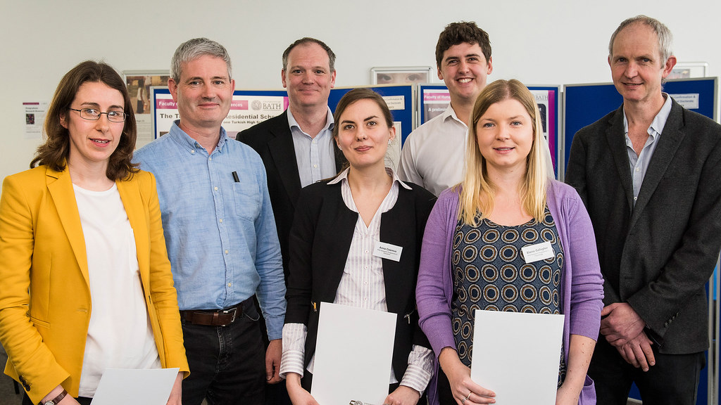 Judges and students at the research showcase. From left to right, Hannah West, Dr Neil Bannister, Dr Ed Keogh, Anna Csernus, Christopher Bryant, Elaine Gallagher and Professor Jonathan Knight.