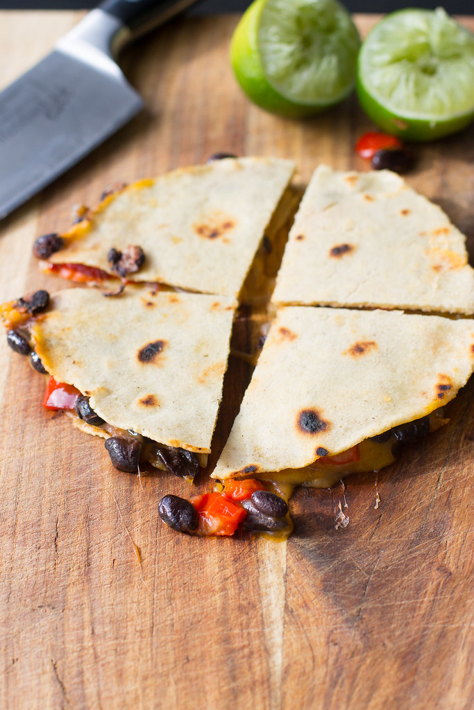 Spicy black bean quesadillas with roasted red pepper.