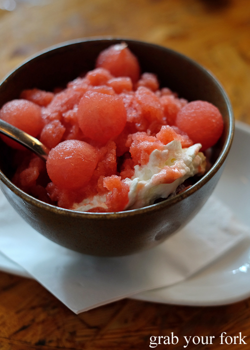 Hongo Bongo strawberry granita with yoghurt mousse, mochi, watermelon and Calpis sorbet at Ms G's in Potts Point Sydney