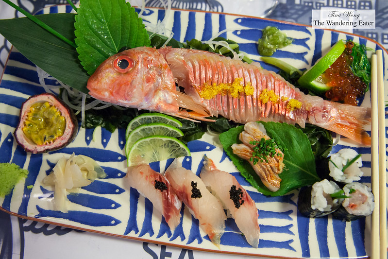 Red mullet served four ways - Sashimi, nigiri topped with caviar, maki with chives, and tataki