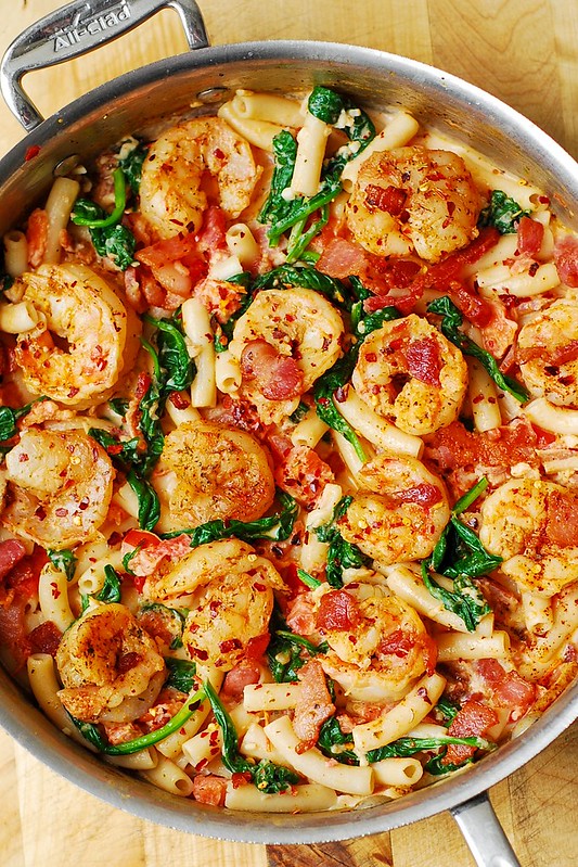 Creamy Pasta with Shrimp, Bacon, Spinach, Garlic, and Tomatoes - Julia ...
