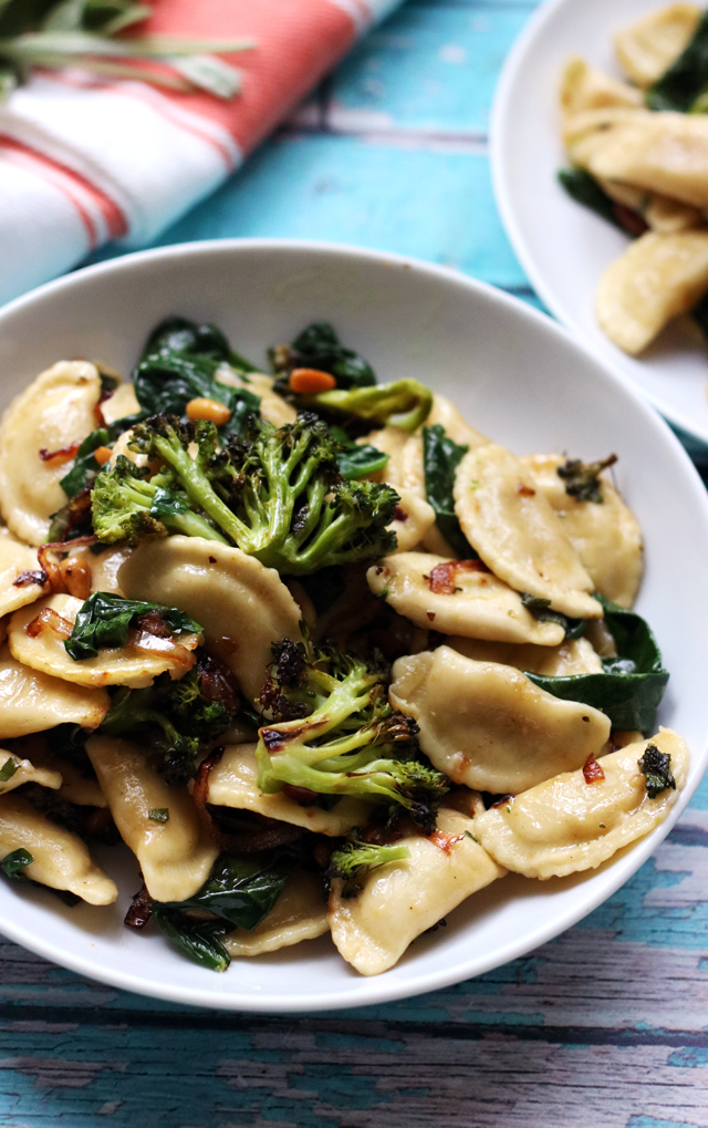 Agnolotti with Roasted Broccoli and Spinach in a Buttered Pine Nut Sauce