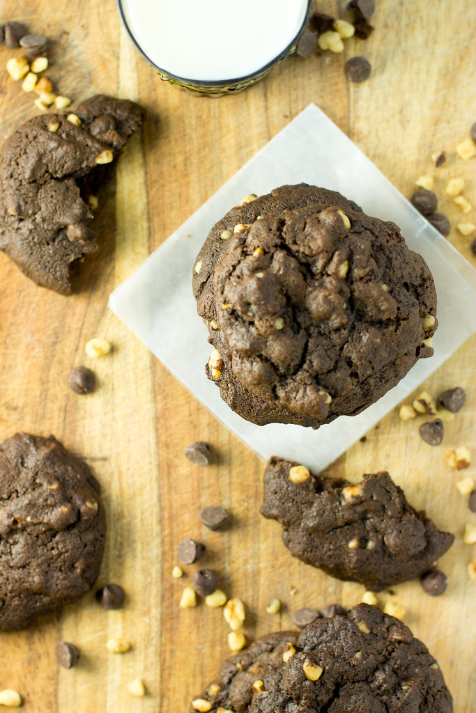 Double chocolate espresso walnut cookies. Mix by hand in one bowl!