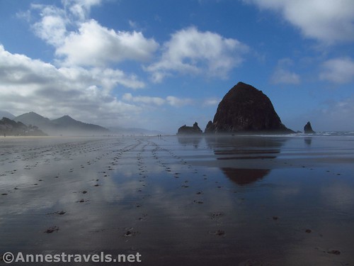 Following the Footprints on the tide flats to Haystack Rock on Cannon Beach, Oregon