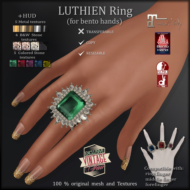 AvaWay LUTHIEN Ring (for Maitreya, Vista, Slink bento hands)