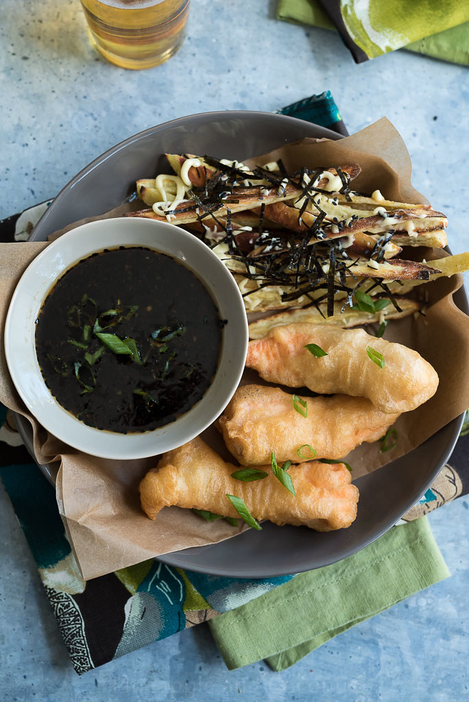Asian Style Fish and Chips - Tempura Salmon and Baked Japanese Sweet Potato Fries (With Honey Ginger Soy Dipping Sauce) Shanna Schad www.pineappleandcoconut.com