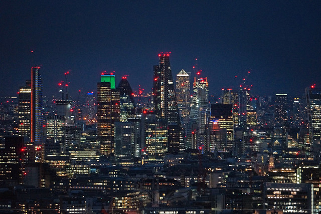 The Establishing Shot: FEAR THE WALKING DEAD LAUNCH - NIGHTTIME VIEW TOWARDS THE CITY, HERON TOWER, TOWER 42, THE GHERKIN, 30 ST. MARY AXE, CHEESEGRATER, ONE CANADA SQUARE, 25 CANADA SQUARE, CITIGROUP TOWER FROM TOP OF BT TOWER