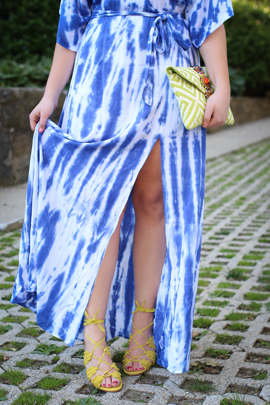 Lulus Blue Tie-Dye Wrap Maxi Dress Nine West Genie Ghillie Sandals Outdoor Summer Party Style Jackie Giardina Style Blogger