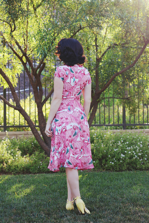 Unique Vintage 1940s Pink Flamingo Amelia Cap Sleeve Swing Dress