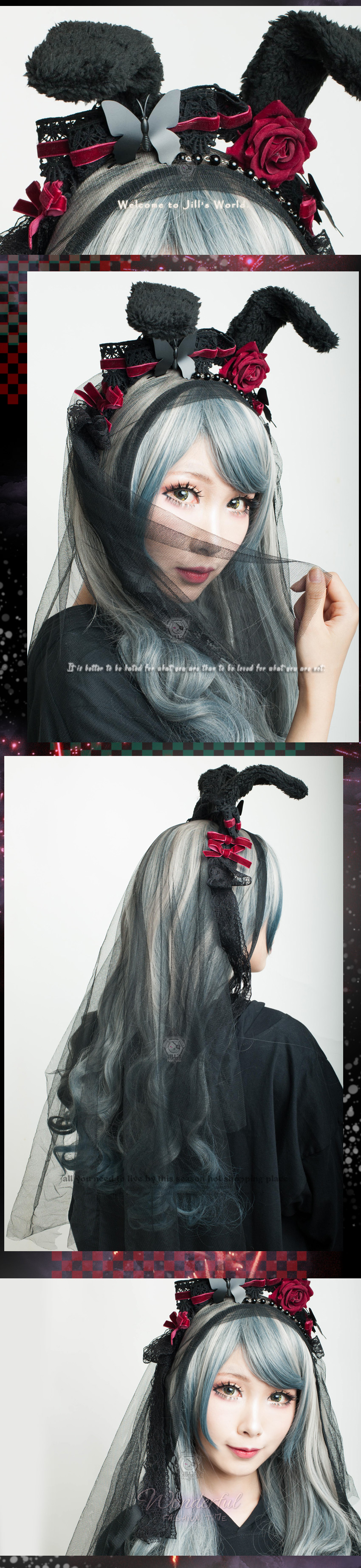 Lolita anime cosplay bunny princess rabbit ear rose headband w/ veil【J1U5039】