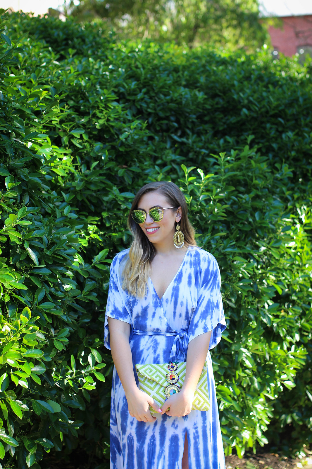 Lulus Blue Tie-Dye Wrap Maxi Dress Steve Madden JZADA Clutch Outdoor Summer Party Style Jackie Giardina Style Blogger