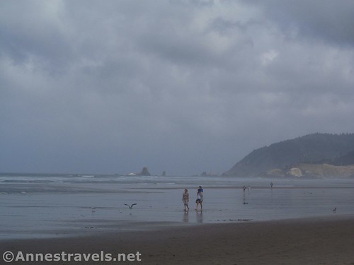 Other beach walkers. That's Ecola State Park to the north of Cannon Beach, Oregon