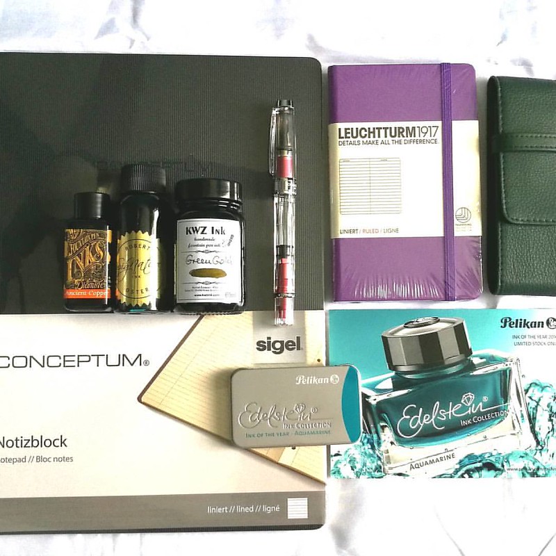 The loot from yesterday's pen meet and visit to @appelboompennen - I purchased the @twsbi pink Al, @robertostersignature Tranquility and @kwzink Green Gold was bought by my husband. The rest are the awesome gifts from the super generous goodie bag we rece