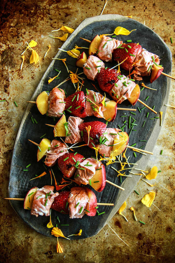 Grilled Salmon, Strawberry and Nectarine Kebabs from HeatherChristo.com