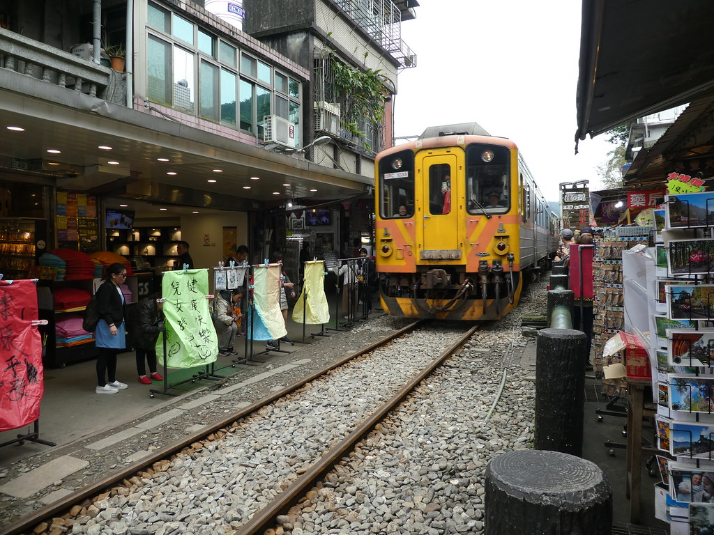 Train arriving at Shifen station, Taiwan