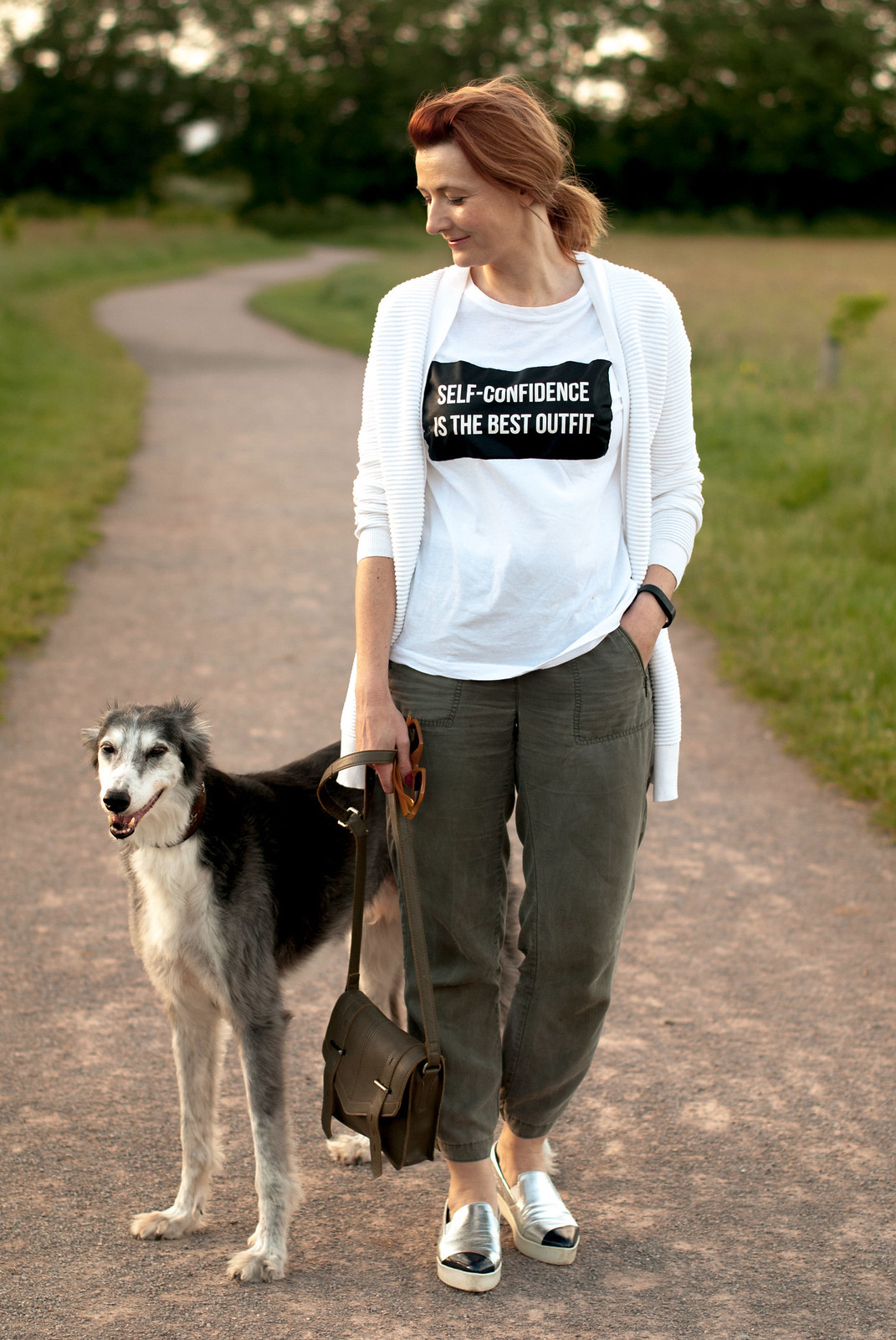 Super casual walking the dog outfit: Self-confidence is the best outfit t-shirt, khaki joggers, silver slip on shoes | Not Dressed As Lamb, over 40 style