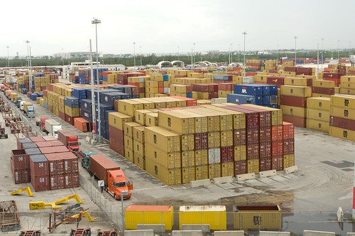 Containers loaded with agricultural cargo for export at a port in Miami, Florida