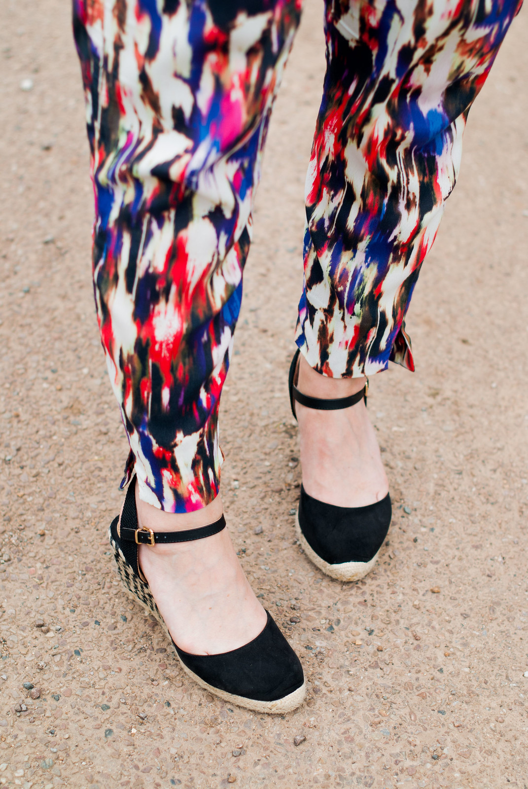 Easy, comfy summer style: Cutout scuba fabric jacket multi coloured patterned peg trousers black wedge espadrilles | Not Dressed As Lamb, over 40 style