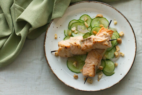 Honey-Ginger Salmon Skewers with Cucumber Salad