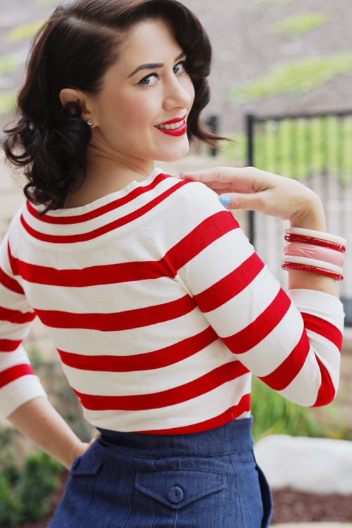 Top Vintage Dancing Days by Banned 50s Ahoi Stripes Top in Red and White Miss Candyfloss 50s Vivian Wide Leg Shorts in Navy