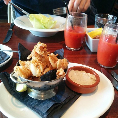 Three excellent courses for brunch at Brasserie Vacherin. Here are our starters: a poached pear and blue cheese salad and crispy fried squid. And bottomless Virgin Marys!