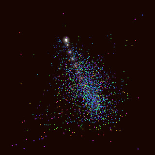 JS_Art_SS_(2017_05_24)_2_Cropped_1 HTML5インタラクティヴ ジェネレーティヴ ディジタル アートのスクリーンショット画像。 黒い背景の上に大量の色とりどりの粒子が散らばりつつも、それらの粒子集団は点々と連なる白い光の軌跡に纏わりついているように見える。