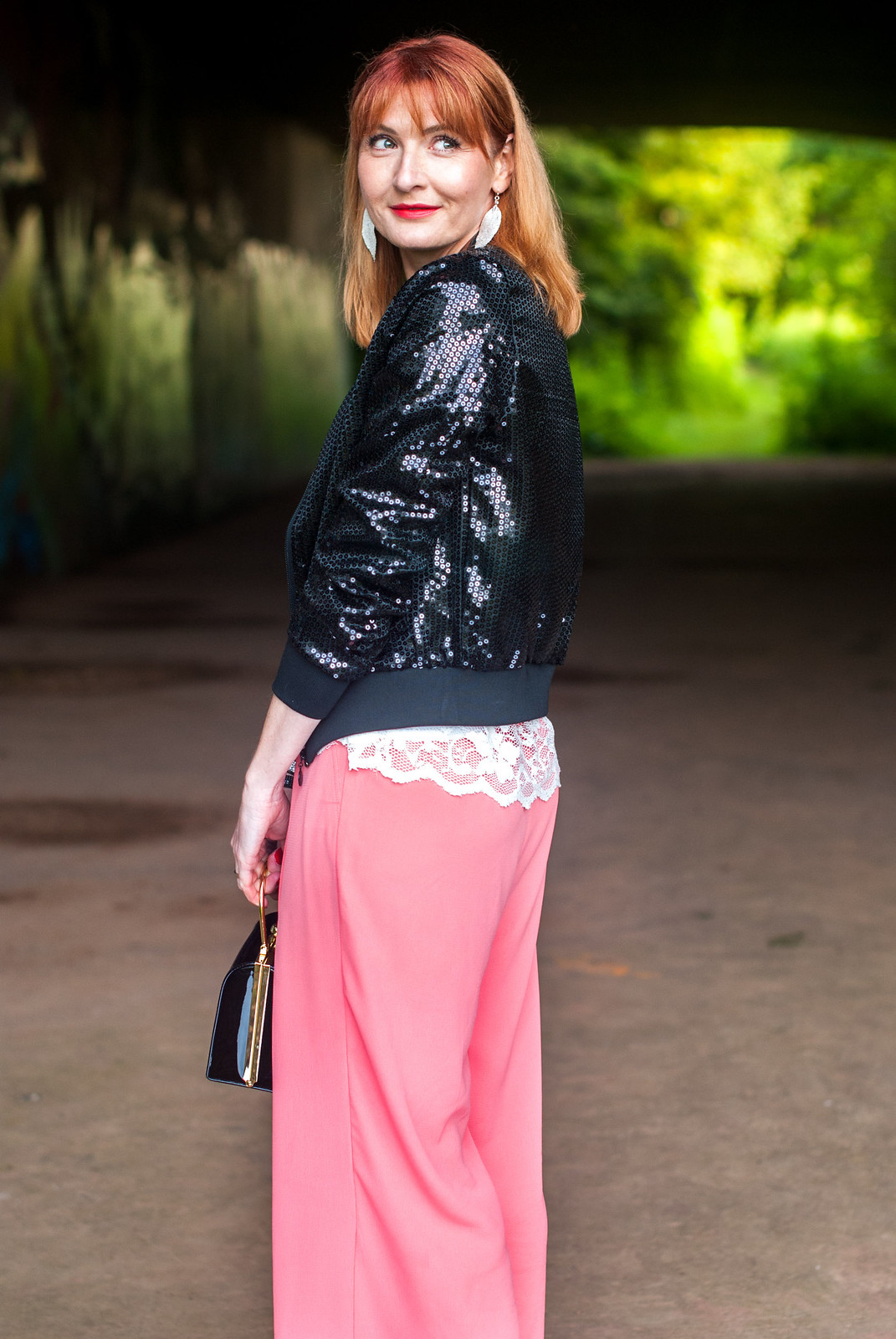 A day-to-night summer outfit: Sequin bomber jacket sporty lace top coral cropped trousers wide leg pants culottes rose gold espadrilles black crossover mules | Not Dressed As Lamb, over 40 style