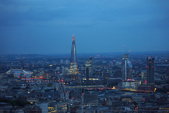 The Establishing Shot: FEAR THE WALKING DEAD LAUNCH - BLUE HOUR VIEW LOOKING EAST ALONG THE THAMES OVER LONDON BRIDGE, TOWER BRIDGE, SEACONTAINERS HOUSE, OXO TOWER, THE SHARD, ONE BLACKFRIARS, SOUTH BANK TOWER FROM TOP OF BT TOWER
