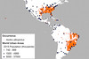 Shown below is the distribution of the Asian tiger mosquito (orange dots) and major urban areas (blue triangles).