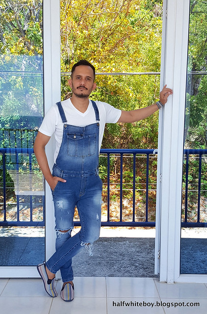 halfwhiteboy - white t-shirt and dungarees 04