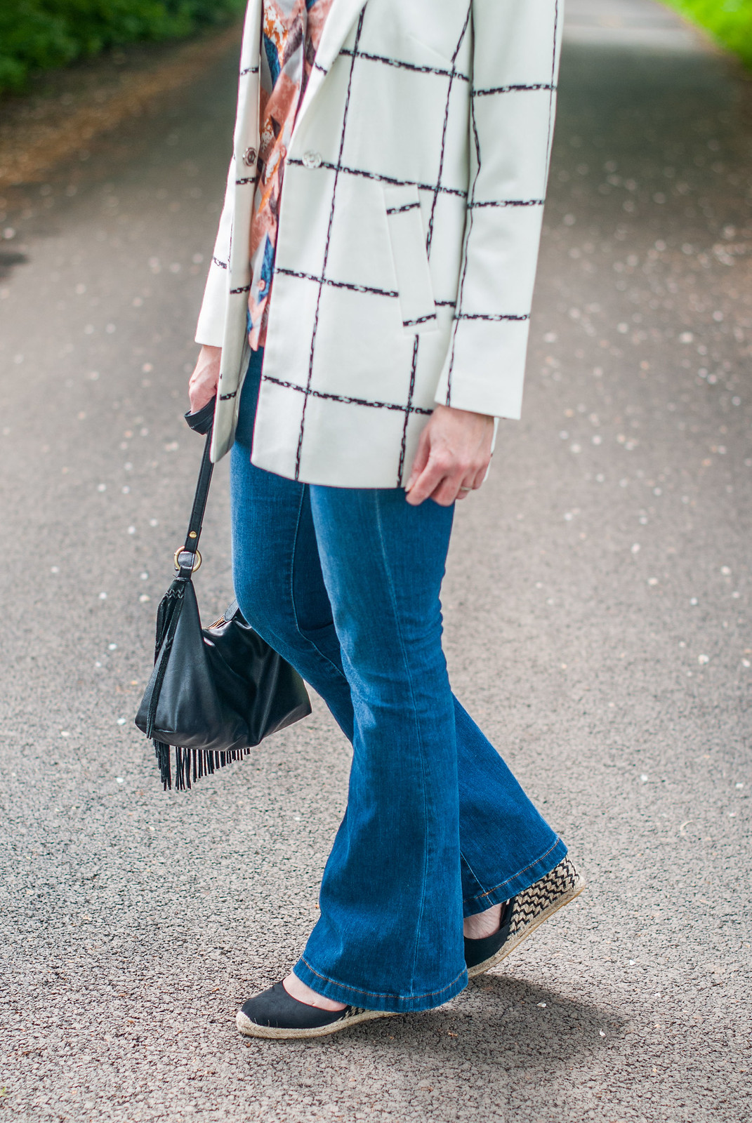 Pattern mixing: Black and white window pane jacket abstract print pyjama shirt denim flares wedge espadrilles | Not Dressed As Lamb, over 40 style