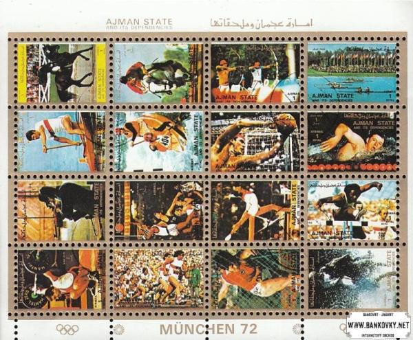Známky Ajman 1972 Olympijské hry Mníchov, razítkovaný hárček