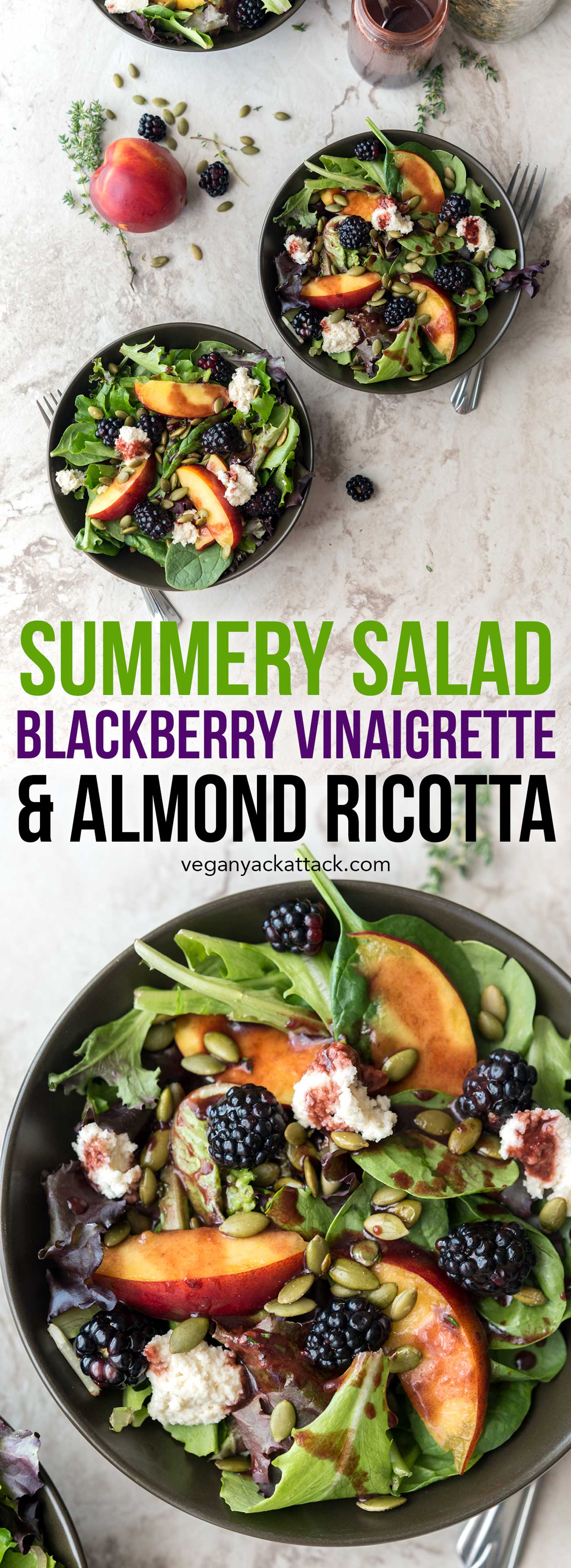 This Summery Salad has delicious nectarines, berries, homemade almond ricotta and a wonderful Blackberry Vinaigrette! It’s as beautiful as it is tasty. #vegan #glutenfree #soyfree #veganyackattack