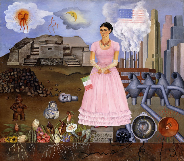 Frida Kahlo, Self-Portrait on the Border Line between Mexico and the United States, 1932, oil on metal, collection of María and Manuel Reyero, New York.  © 2017 Banco de México Diego Rivera Frida Kahlo Museums Trust, Mexico D. F. / Artists Rights Society (ARS), New York. From 40 years of Mexican Modern Art at the Museum of Fine Arts Houston