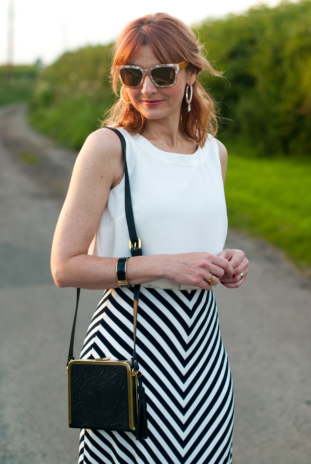 Black and white monochrome, summer style: Striped maxi skirt loose white sleeveless blouse, red lace-up espadrilles statement sunglasses and earrings | Not Dressed As Lamb, over 40 style