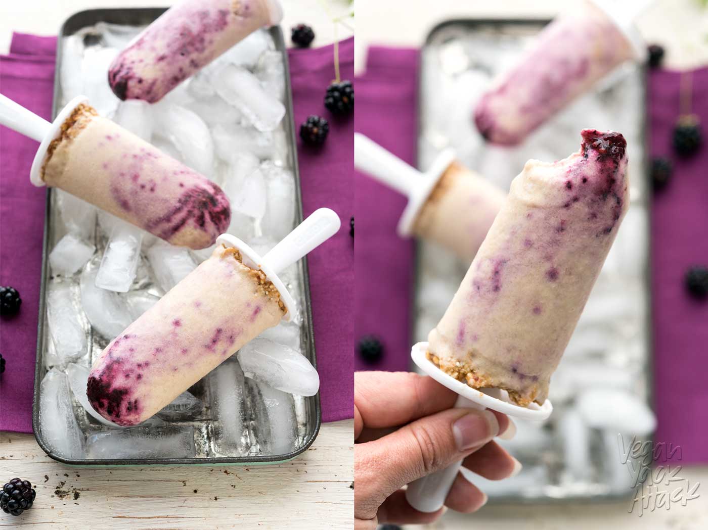 Allergy-friendly, low-fat, Blackberry Cheesecake Popsicles! Oh, and did I mention they’re vegan and SUPER delicious? #veganyackattack #glutenfree #soyfree #nutfree #oilfree
