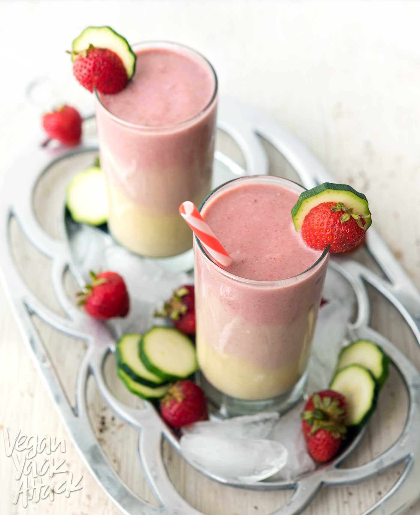 This Strawberry Peach Smoothie has beautiful, creamy layers, with some sneaky ingredients! Perfect for breakfast, or to cool down this summer. #vegan #glutenfree #soyfree #veganyackattack #SilkSmoothies