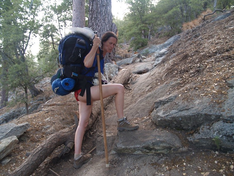 Vicki is mad about too-steep steps on the Marion Mountain Trail - they are bad for the knees