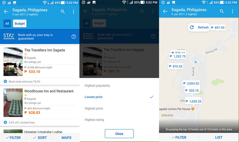 Finding a hotel in Sagada using the app