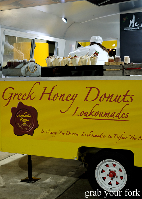 Me Meli food truck serving loukoumades Greek honey donuts at Paddy's Night Food Markets
